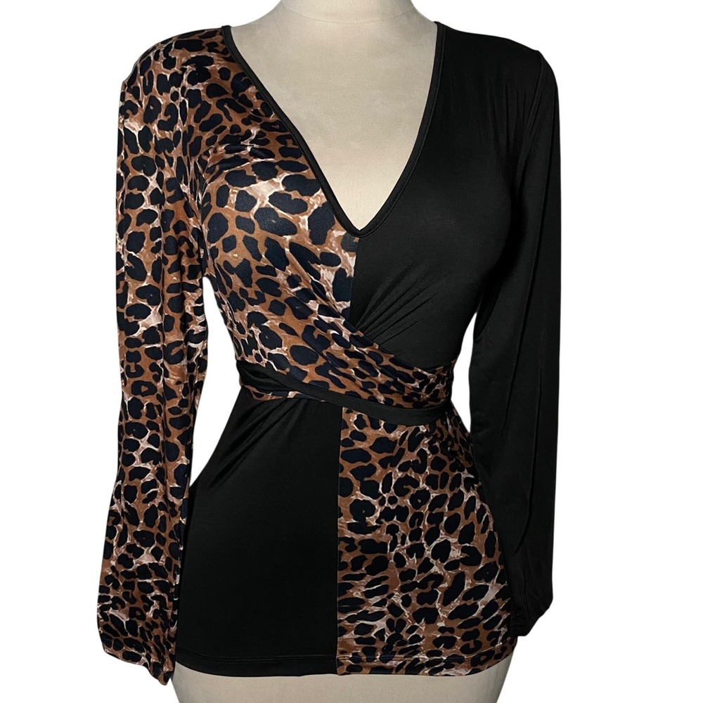 Unbranded Sexy Leopard Colorblock Black Wrap Top Long Sleeve Fitted Baddie - XL